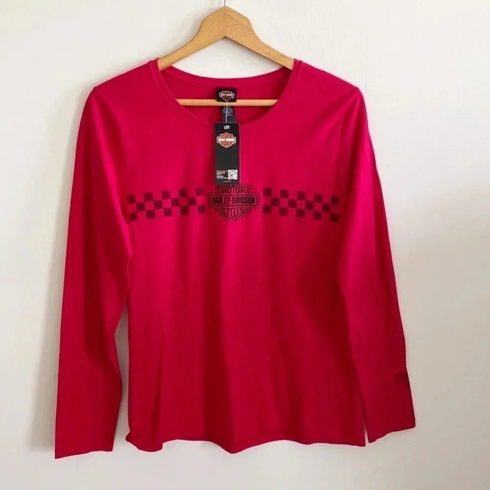 Harley-Davison cherry red and black long sleeve graphic logo tee size M